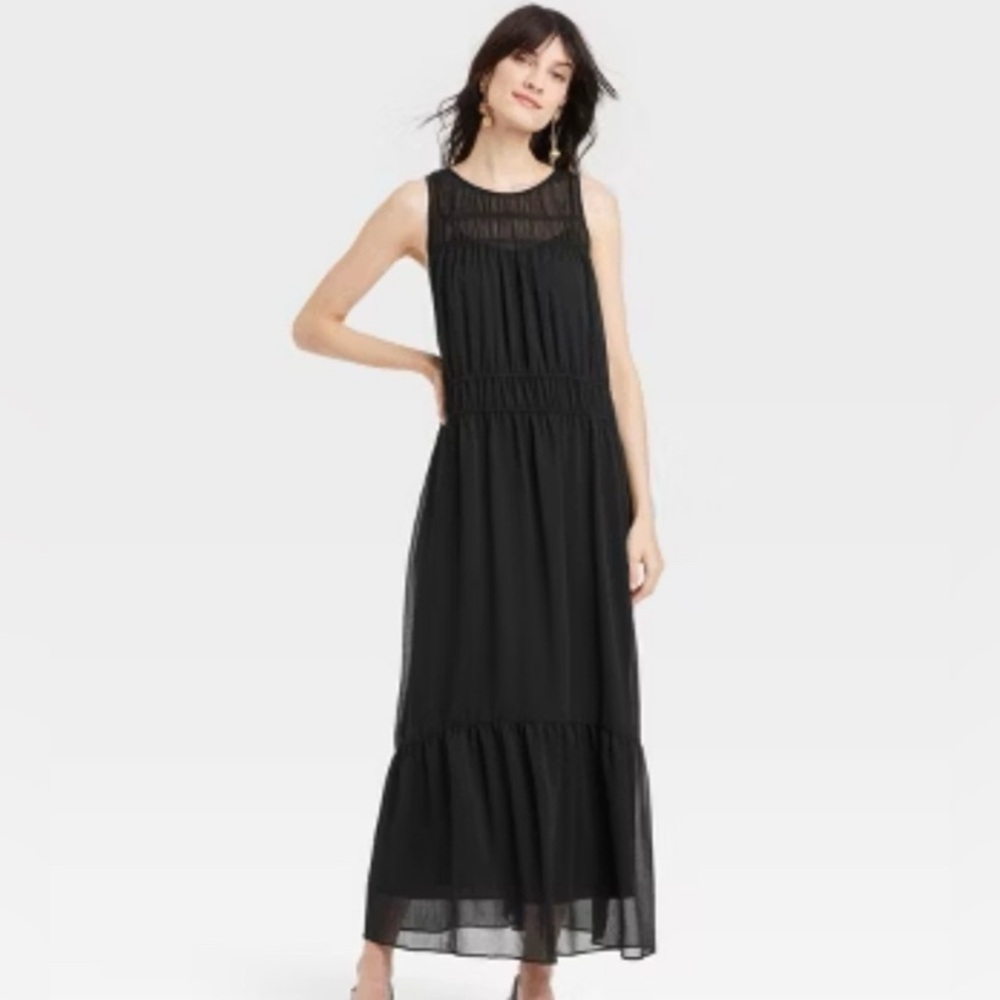 NWT a New Day XS Black Sheer Chiffon Maxi Dress Sleeveless Boho High neck